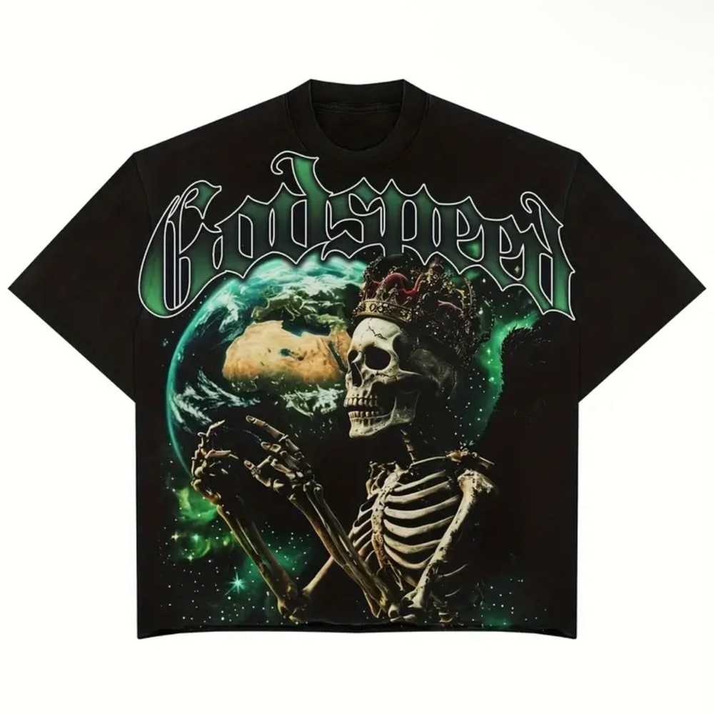 Black Godspeed Tee with Skeleton and Earth Design